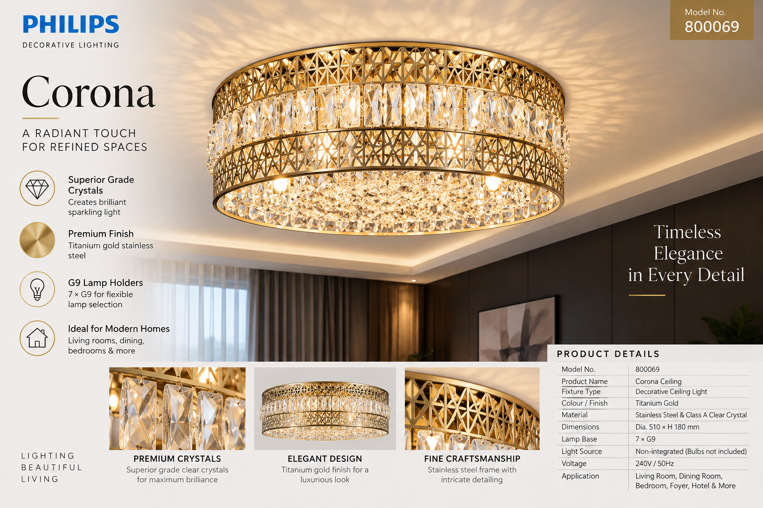 800069 Philips CORONA Ceiling Gold 7H G9