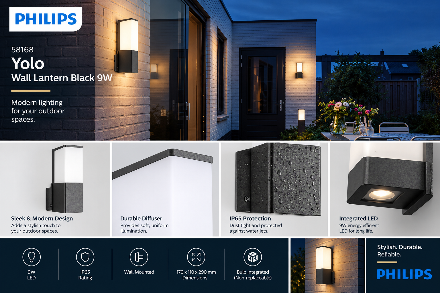 58168 PHILIPS Yolo Wall Lantern Black 9W
