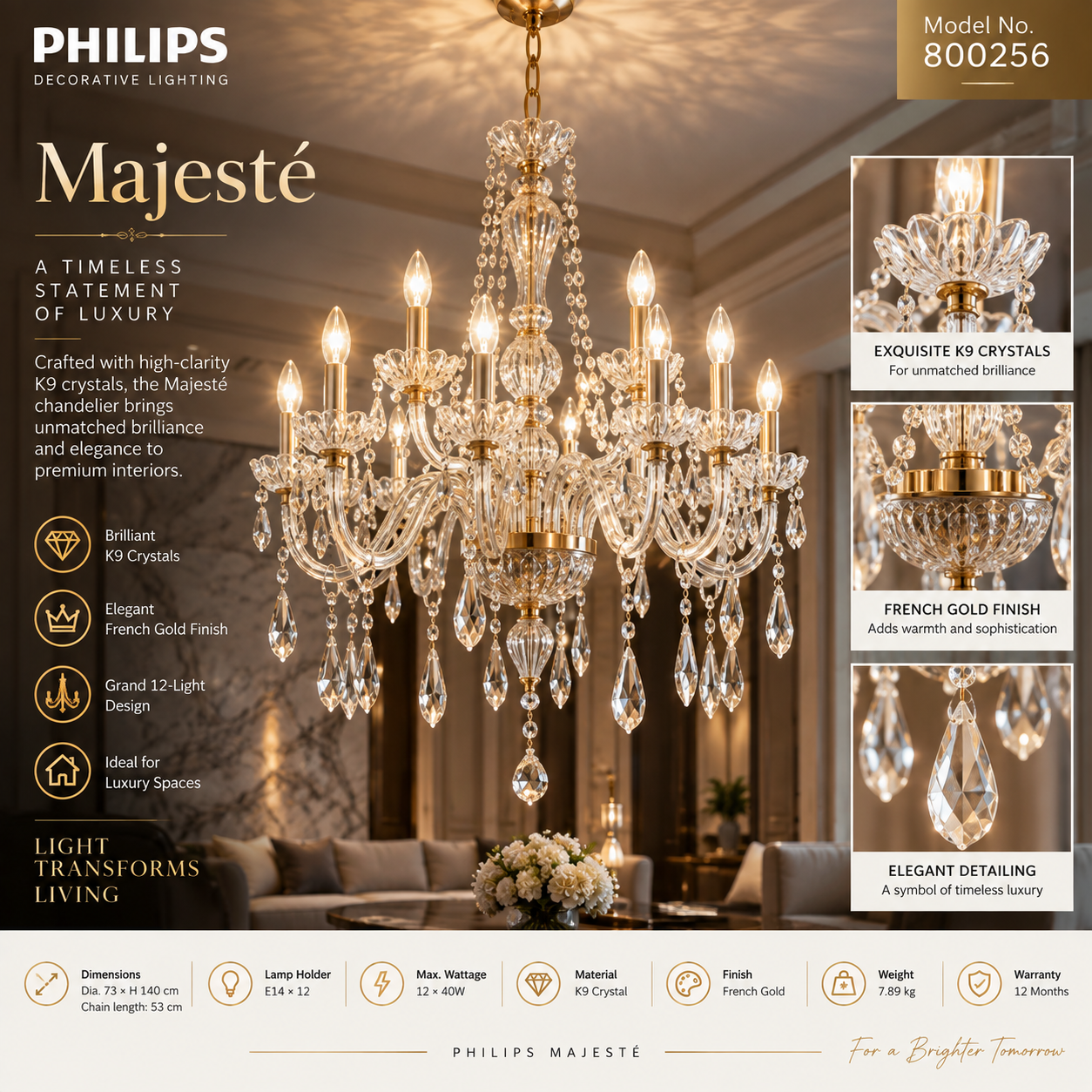 800256 Philips Majesté K9 12H E14 FrGld
