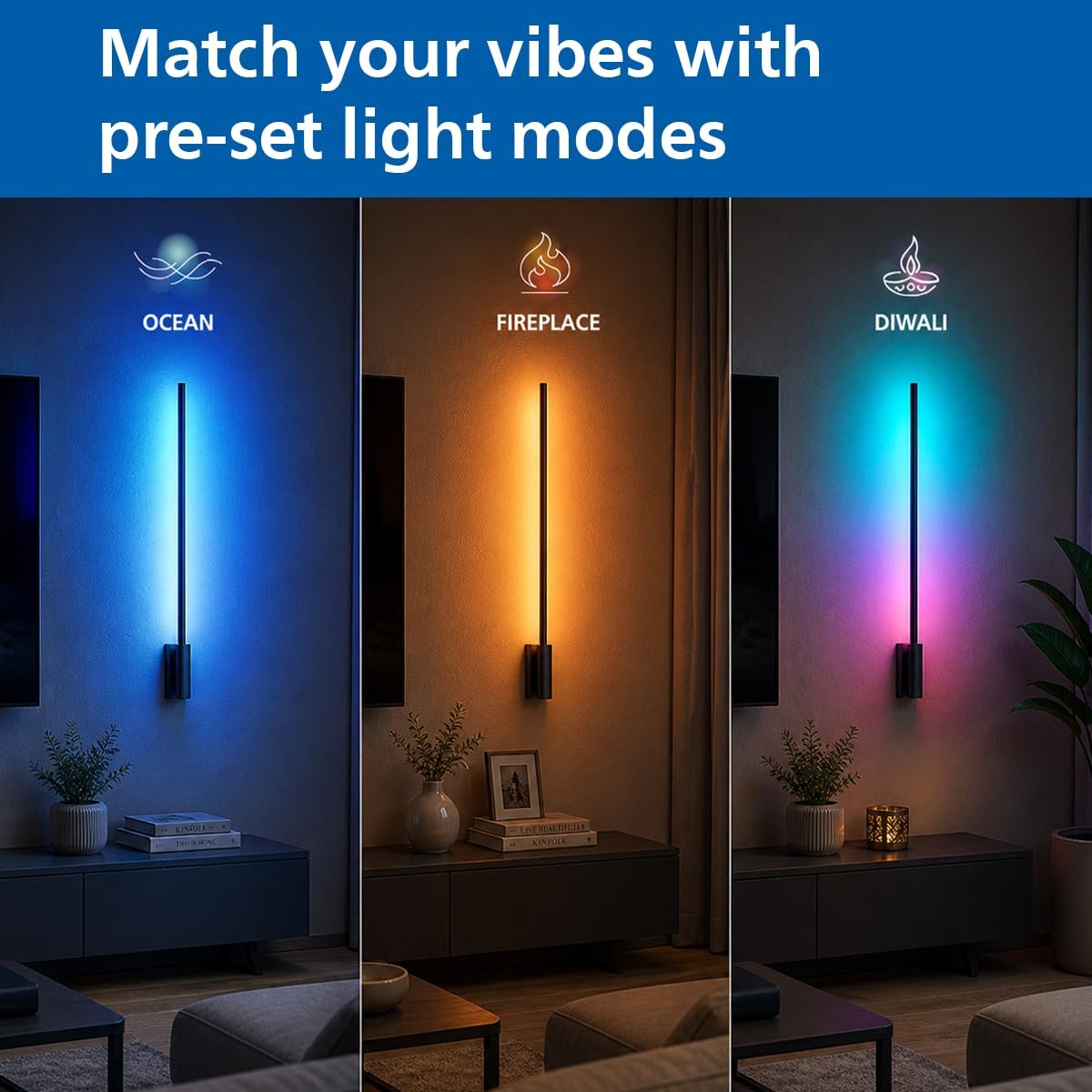 PHILIPS Wi-Fi Ebony Pro 5W RGBIC Smart Wall Light | Multicolor Segment Control | App & Voice Control | Alexa & Google Assistant Compatible - Image 3