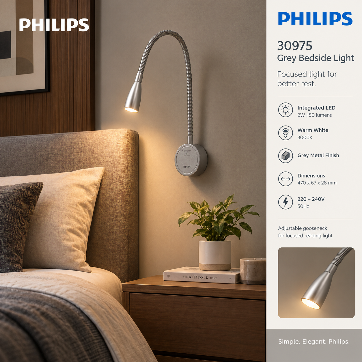 30975 PHILIPS Grey Bedside Light 2W WW - Image 2