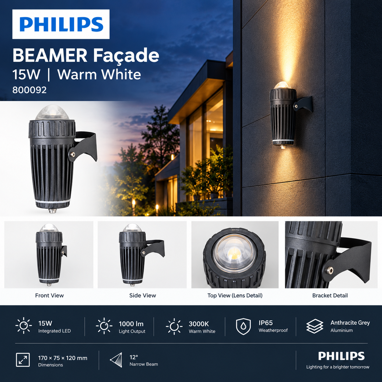 800092 Philips BEAMER Façade 15W IP65 WW
