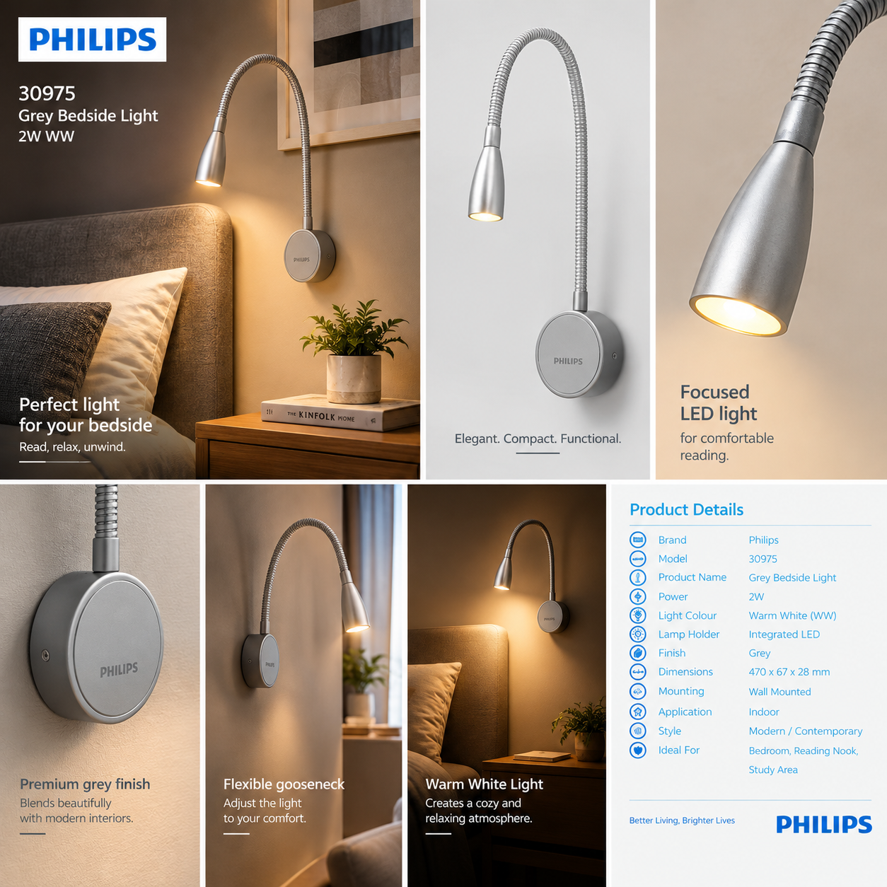 30975 PHILIPS Grey Bedside Light 2W WW